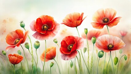 Obraz premium Elegant red poppy watercolor, minimalist white backdrop art print. A simple, striking floral design.