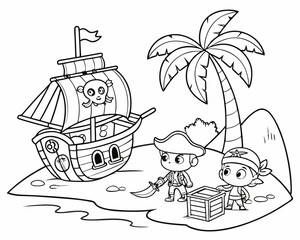 pirate ship and treasure, coloring page, children, outline,