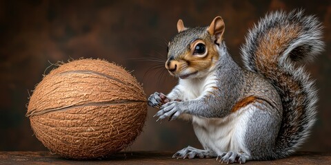 Obraz premium Adorable Grey Squirrel and Coconut: A captivating close-up portrait of a curious grey squirrel interacting with a whole coconut.