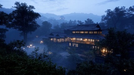 Fototapeta premium Tranquil Dusk at a Traditional Japanese Inn in Misty Forest
