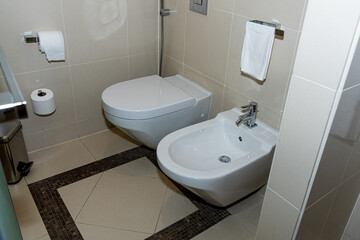 modern interior design of hotel bathroom with washbasin, toilet and bidet