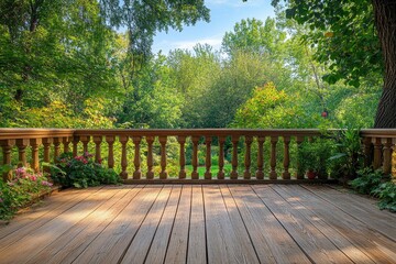 Wooden balcony overlooking lush green garden in summer