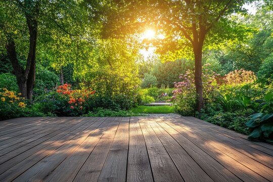 Wooden terrace overlooking beautiful garden with blooming flowers at sunset