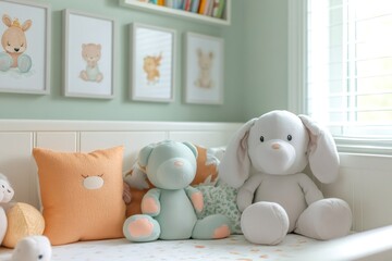 Adorable plush toys sitting on baby's crib in cozy green nursery