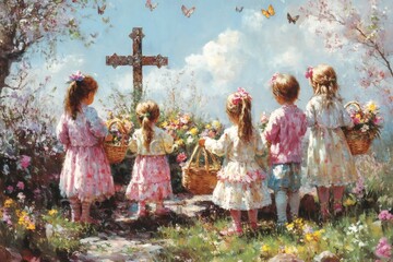 Fototapeta premium Young girls bringing flowers to a cross in a field with butterflies
