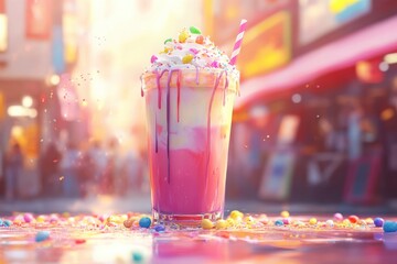 Colorful milkshake topped with whipped cream and candy delights in a vibrant cafe setting