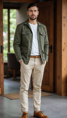 Stylish Male in Casual Green Jacket Standing in Wooden Interior