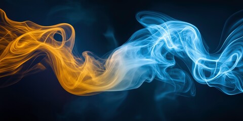 Fototapeta premium Abstract Fire and Ice: Swirling streams of vibrant blue and fiery orange smoke create a mesmerizing dance of contrasting elements against a deep black background.