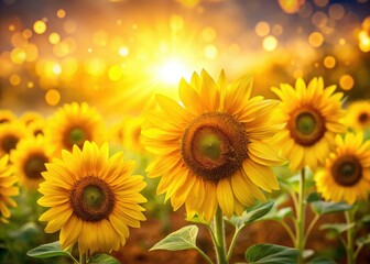 Obraz premium Golden hour sunlight bathes a vibrant sunflower field, creating a bokeh-filled rural landscape.