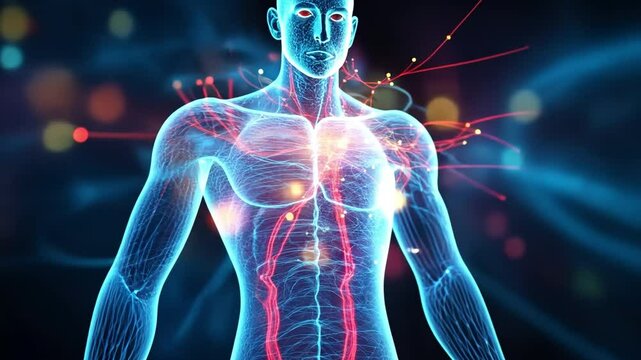 Human Body Energy Flow: A stunning 3D rendering of the human circulatory and nervous system, pulsating with vibrant energy flows, symbolizes vitality, health and interconnectedness. 