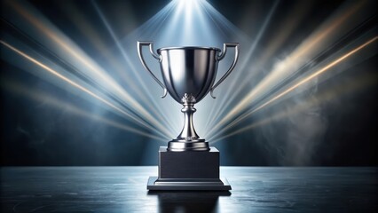 A sleek black trophy with a shiny silver medal on top, surrounded by a halo of light, symbolizing achievement and success in a modern setting, trophies, recognition