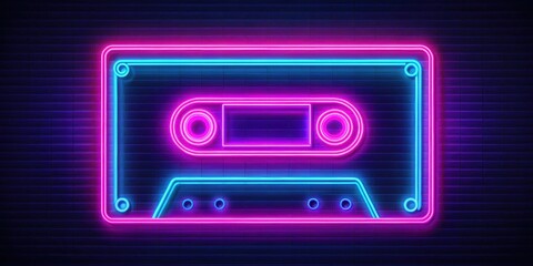 Obraz premium Neon-lit vector icon of a vintage-style cassette tape , tape, electronics, tape