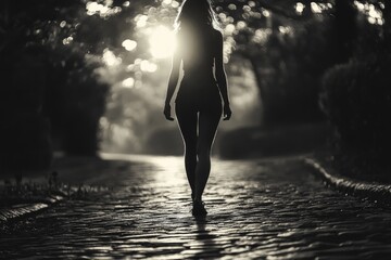 Silhouette of a woman walking on wet pavement at night with dramatic backlight
