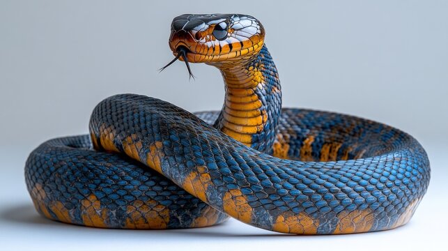 Blue and orange snake coiled, striking pose.