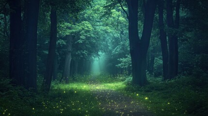 Fototapeta premium The forest is bathed in the warm glow of morning light as it filters through tall trees, illuminating the rich green foliage and creating a calm and inviting scene 