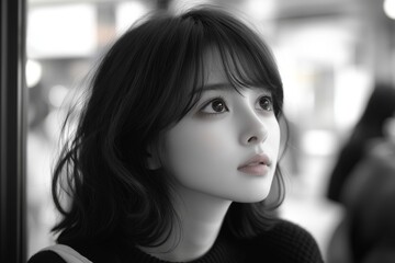 Naklejka premium Black and white portrait of a young woman with soft expression