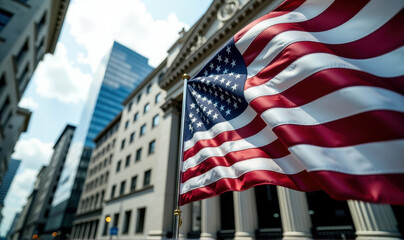 American Flag Flying High in a Corporate Business District