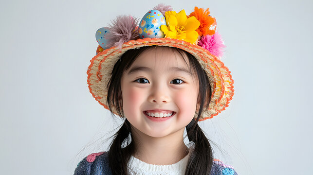 Cheerful child wearing a colorful Easter hat adorned with vibrant flowers and painted eggs. Smiling girl celebrates festive holiday. Bright and joyful springtime photography