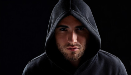 黒い背景に、黒いパーカーを被った怪しい白人の男。AIで生成