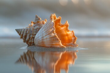 Seashell with reflection on a glossy surface
