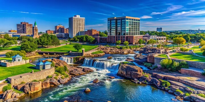 Sioux Falls South Dakota Skyline, Colorful Buildings, Blue Sky, AI Photography
