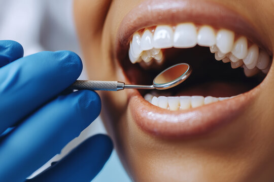 Close up of mouth showing healthy teeth during dental check up, with dental mirror reflecting bright smile. image conveys sense of care and dental hygiene