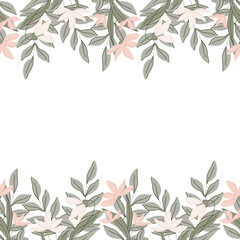Cotton fabric Elegant seamless border with botanical flat illustration of green leaves and pastel pink flowers, lilies of the valley and snowdrops. Minimalist design with a muted color palette, for spring decor