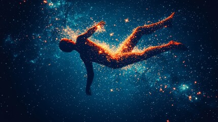 Floating Cosmic Figure in Space with Sparkling Star Particles