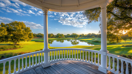 Fototapeta premium Serene sunrise view from a gazebo overlooking a lush golf course and tranquil pond. Perfect for relaxation and tranquility themed projects.