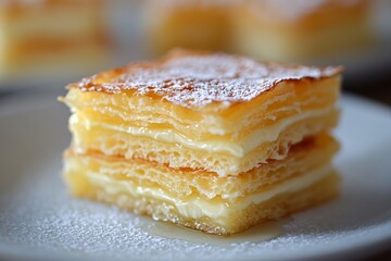 Closeup of layered puff pastry with golden crust