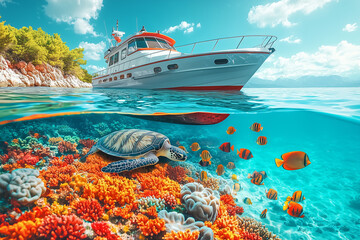 Fototapeta premium vibrant underwater scene featuring turtle swimming among colorful coral reefs and tropical fish, with boat above water. beauty of marine life is captivating