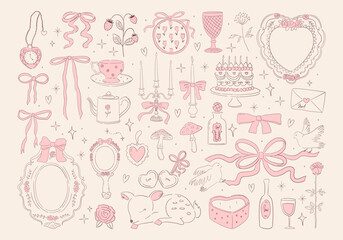 Coquette vintage illustrations of bows, ribbons, candles, mirror, cake, pigeon. Whimsical line art for wedding invitation, card, poster design. Hand drawn minimalist scribble. Vector graphic