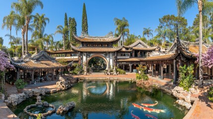 Fototapeta premium Scenic Traditional Chinese Garden with Koi Pond and Ancient Architecture in Lush Greenery