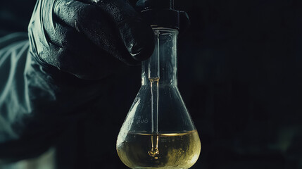 Scientist conducting a laboratory experiment with liquid in a flask during a darkened environment. Generative AI