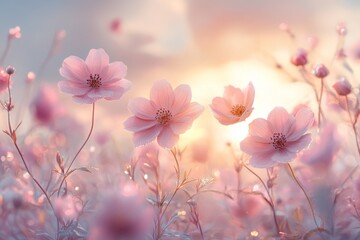 Obraz premium Pink flowers blooming in a dreamy soft focus field