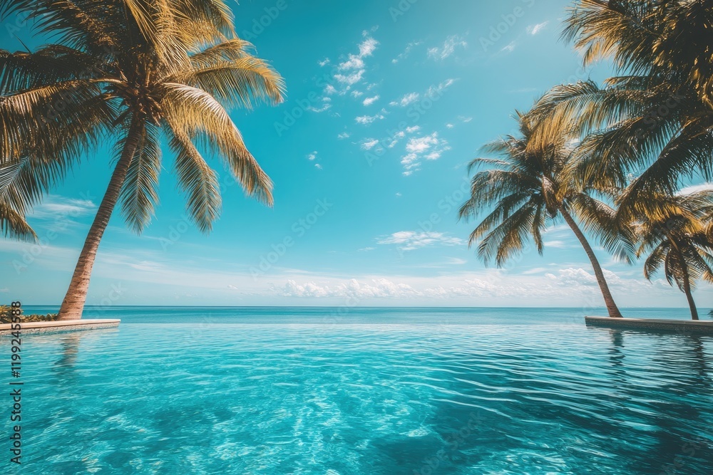 Wall mural Infinity pool overlooking tranquil ocean in tropical paradise