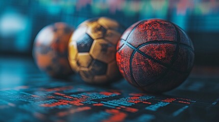 Sports balls--basketball, football, and soccer--overlaid on financial charts, representing the fusion of sports and economic investment.