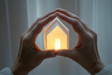Hands forming a house shape around glowing warm light indoors