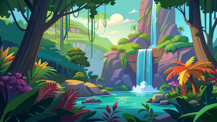 A stunning tropical landscape featuring a waterfall under the canopy of a vibrant rainforest, with vines draping over rocks, water flowing into a reflective pond, lush plant life © williamnoah