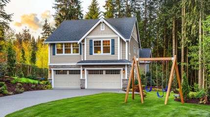 Beautiful suburban home with a playground in a lush green setting.