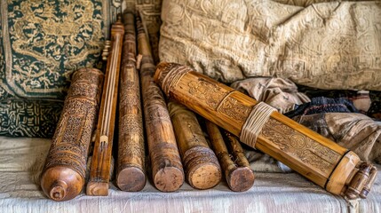 Fototapeta premium Intricately Carved Wooden Scrolls on Textured Fabric Background