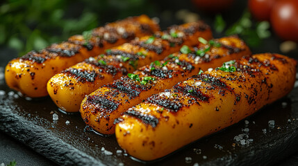 Grilled yellow vegetables seasoned with spices on a dark stone plate with herbs and cherry tomatoes. Generative AI