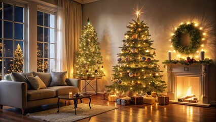Christmas tree aglow with twinkling fairy lights in a cozy living room