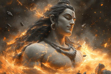 Abstract portrait of Shiva infused with cosmic elements and flowing energy, blending traditional and modern artistic styles to symbolize divine nature and universal connection.