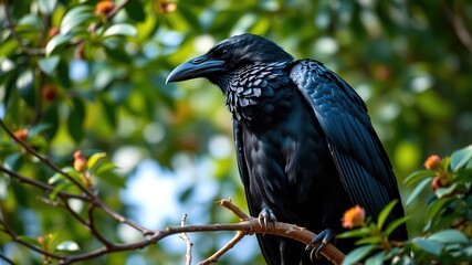 Fototapeta premium Majestic Black Raven, Nature's Majesty, Big Beak, Sharp Focus, Stunning Colors, Outdoor Scene, Bird Photography