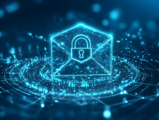 digital lock protecting mail icon, symbolizing secure communication and data privacy. glowing blue design represents modern technology and cybersecurity