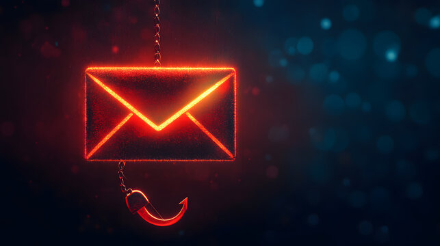 glowing email icon with fishing hook symbolizes phishing attacks, highlighting cybersecurity risks. vibrant colors create striking visual impact