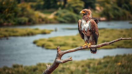 Majestic Lesser Fish Eagle on Weathered Branch - Serene River Landscape