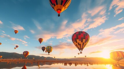 Fototapeta premium Breathtaking air balloon festival with multiple colorful hot air balloons taking off against the stunning backdrop of a serene sunrise landscape Picturesque and ethereal outdoor adventure scene