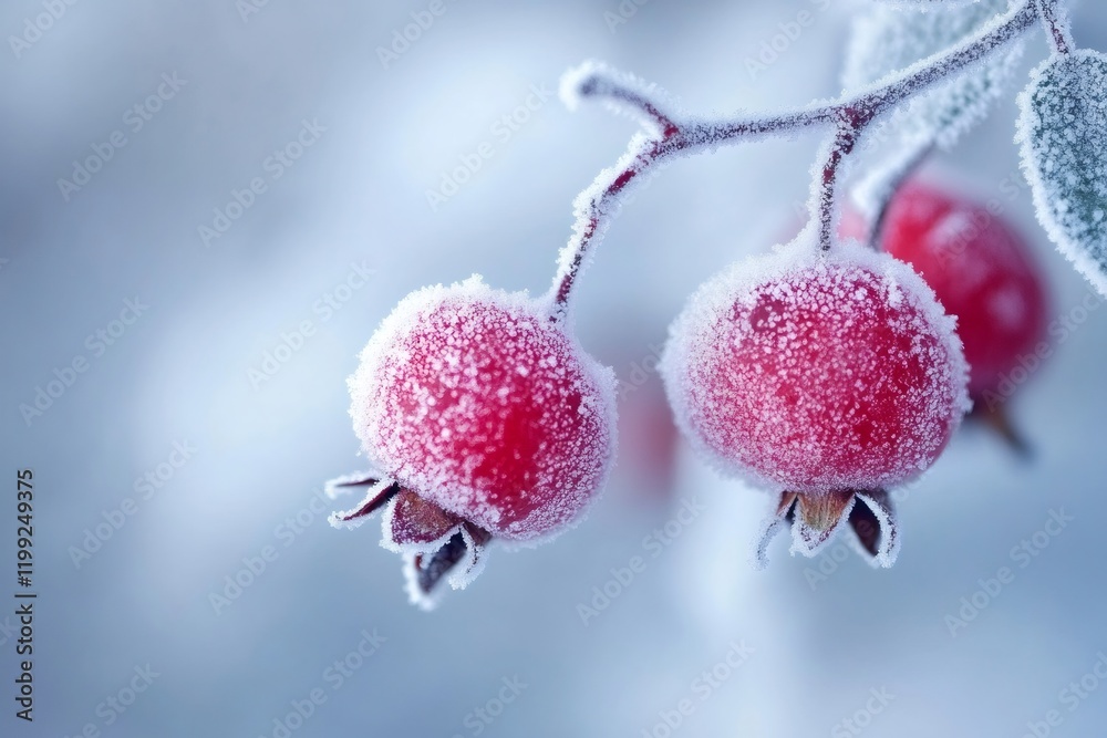 Poster frozen red berries covered with frost on a branch in winter